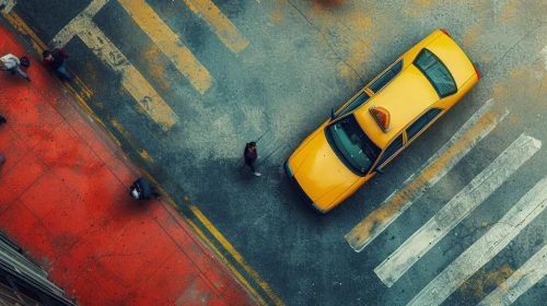 Person walking on a street with a yellow taxi by Midjourney