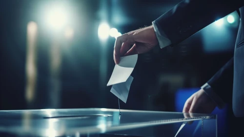 Person putting a piece of paper into a ballot box by Midjourney