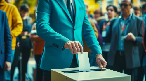 Person putting a piece of paper into a ballot box by Midjourney