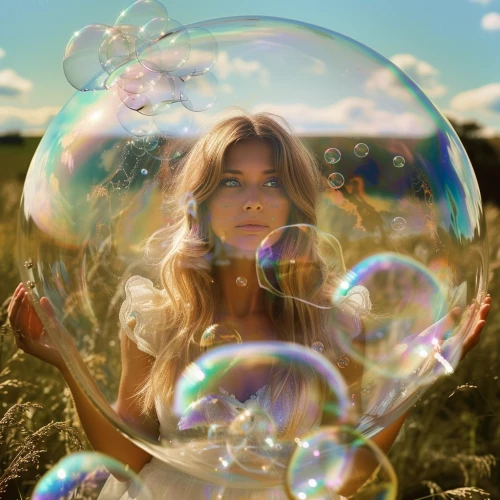 Woman in a white dress holding a large bubble by Midjourney