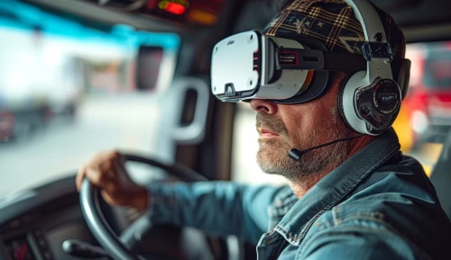 Man driving a vehicle wearing virtual reality goggles by Midjourney