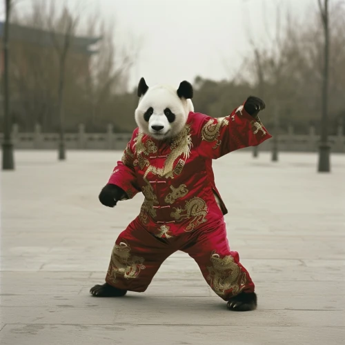 Panda in a red and gold garment by Midjourney