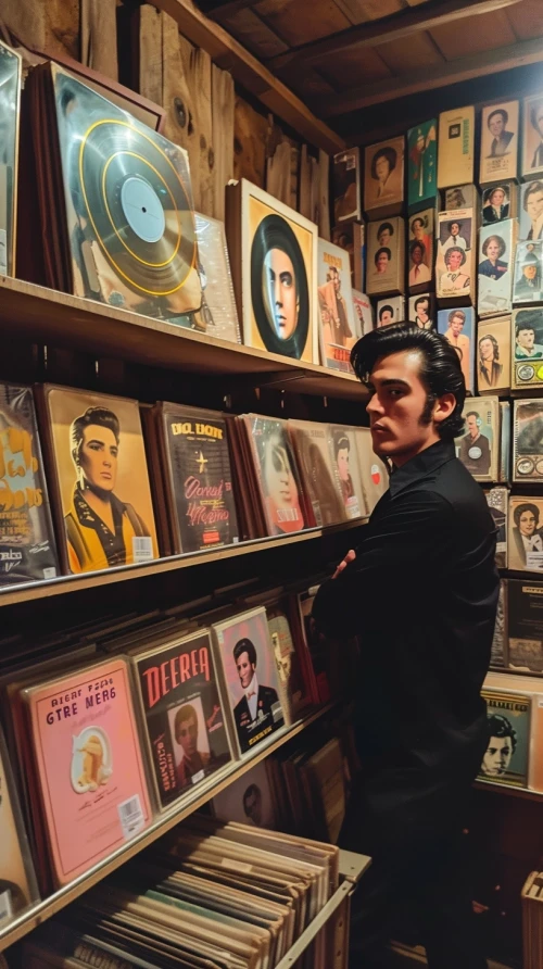 Man standing in front of a shelf with records by Midjourney