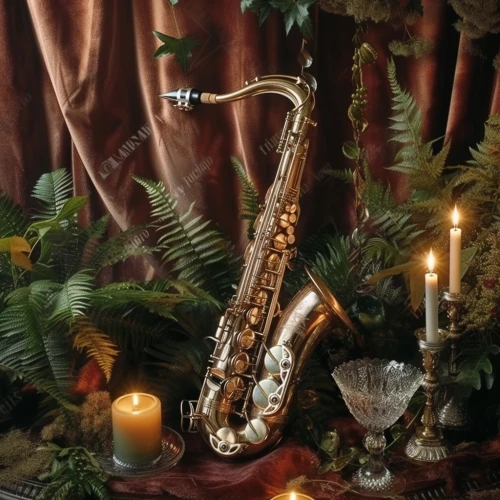 Saxophone and candles next to a curtain by Midjourney