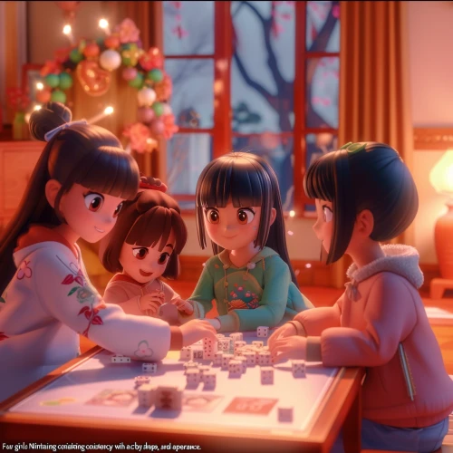Group of cartoon girls playing table game by Midjourney