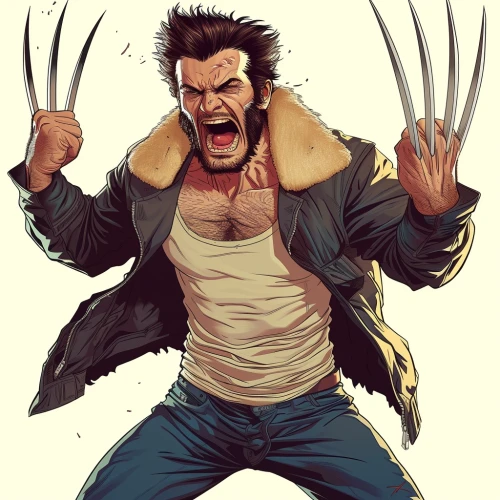 Wolverine with claws in his hands by Midjourney