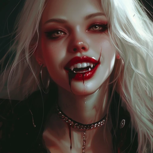 Woman with vampire fangs and red makeup by Midjourney