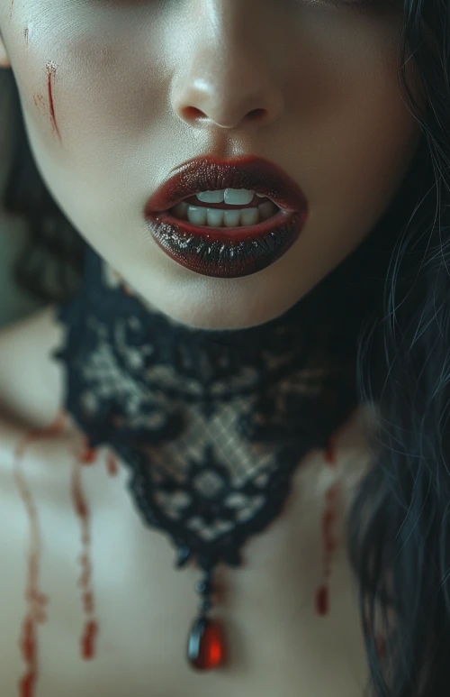 Woman with red lips and black lace collar by Midjourney