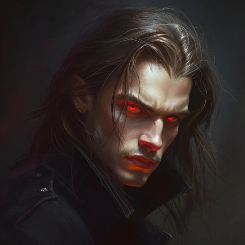Man with long hair and red eyes by Midjourney