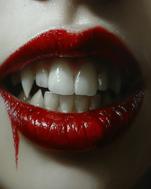 Close up of a woman's red lips with fangs by Midjourney