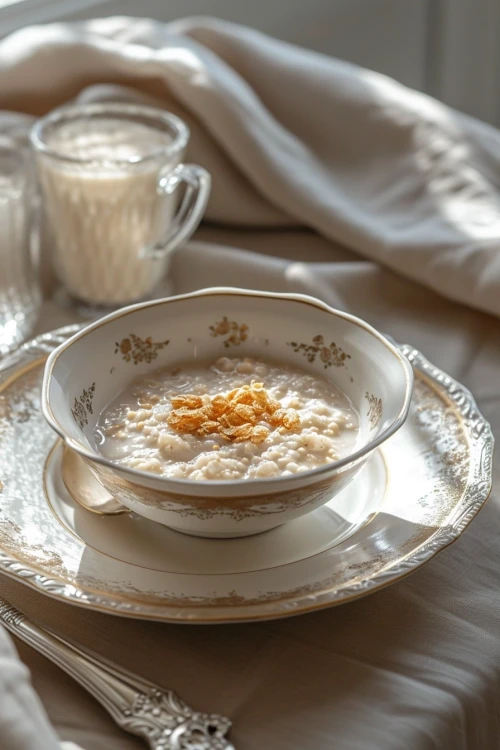 Bowl of oatmeal with cereal flakes on a plate by Midjourney