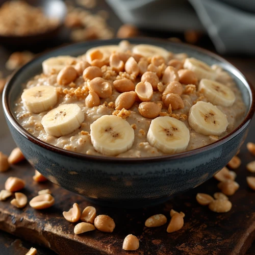 Bowl of oatmeal with bananas and peanuts by Midjourney