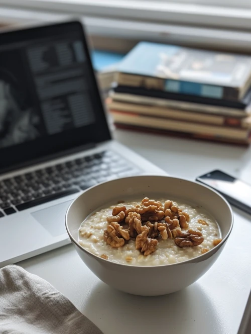 Bowl of oatmeal with nuts in front of a laptop by Midjourney