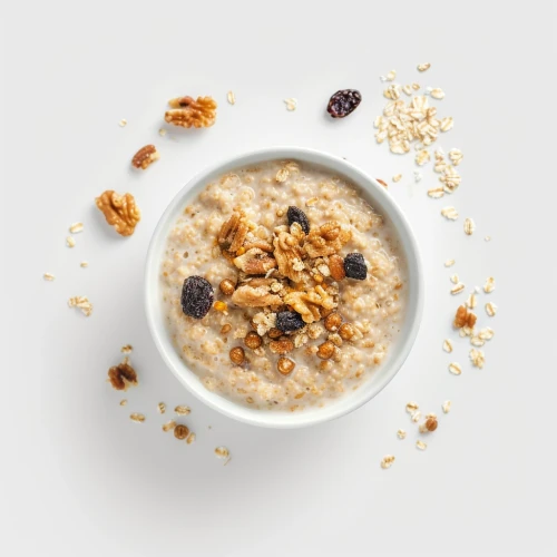 Bowl of oatmeal with nuts and raisins by Midjourney