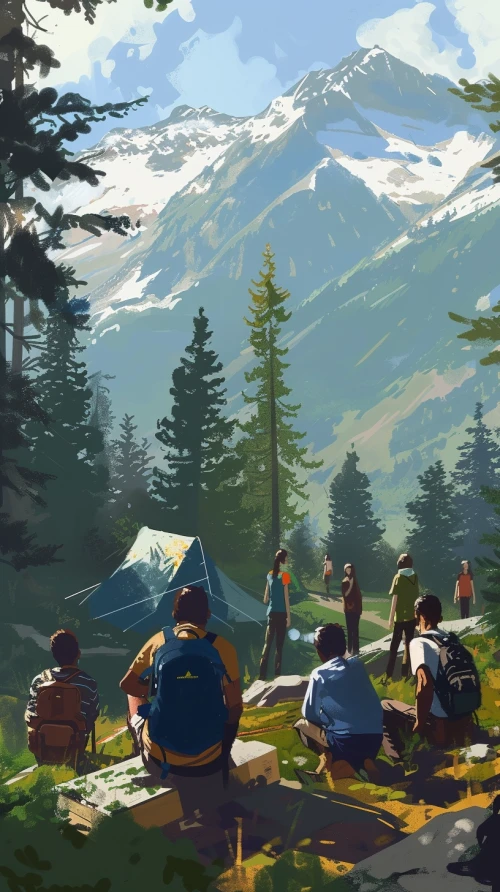 Group of people standing on a path in a forest with a tent by Midjourney