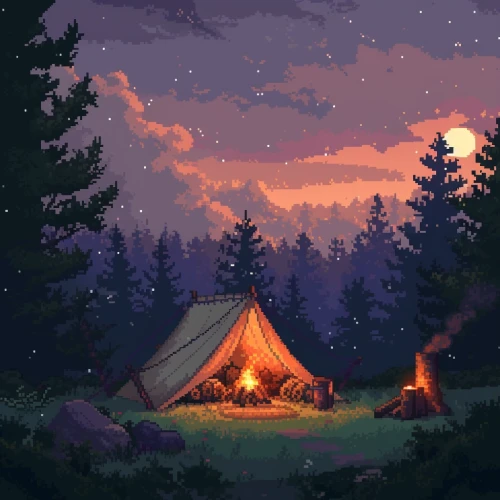 Pixel art of a tent with fire in the woods by Midjourney