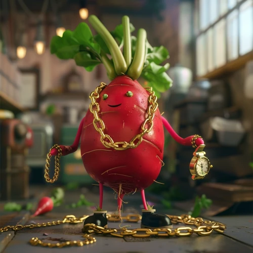 Cartoon radish with a watch and chain by Midjourney