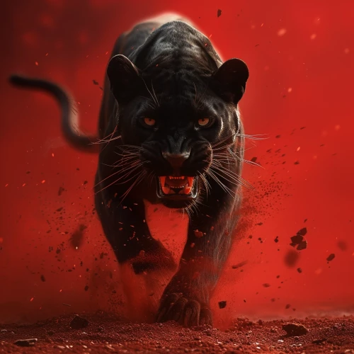 Black panther running on red background by Midjourney