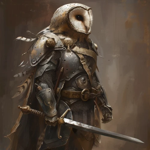 Person in armor with an owl head and sword by Midjourney