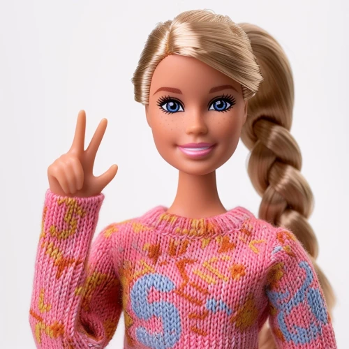 Barbie doll with blonde hair and a pink sweater by Midjourney
