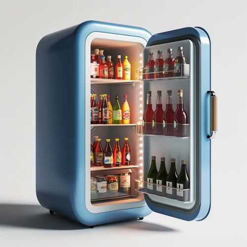 Fridge with bottles of beverages by Midjourney