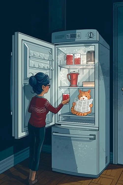 Woman looking at a cat in a refrigerator by Midjourney