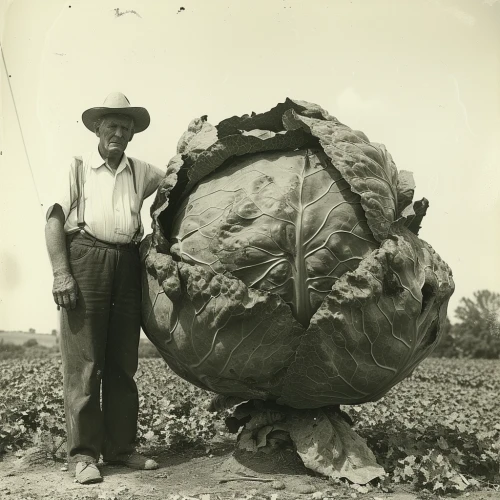 Man standing next to a giant cabbage head by Midjourney