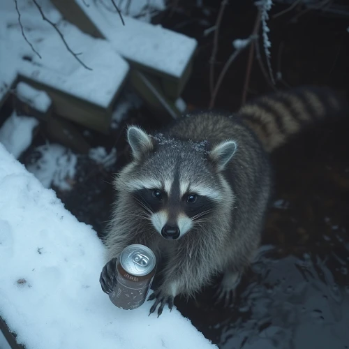 Raccoon holding a can in the snow by Midjourney