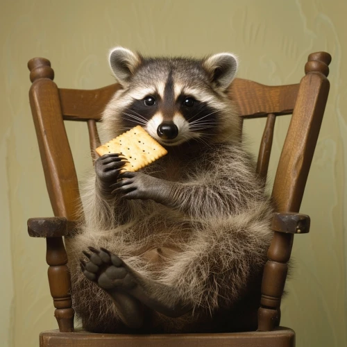 Raccoon sitting in a chair eating a cracker by Midjourney