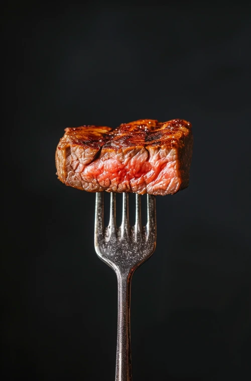 Piece of steak on a fork by Midjourney