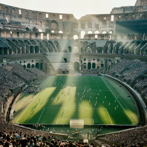 Large stadium with people playing football by Midjourney