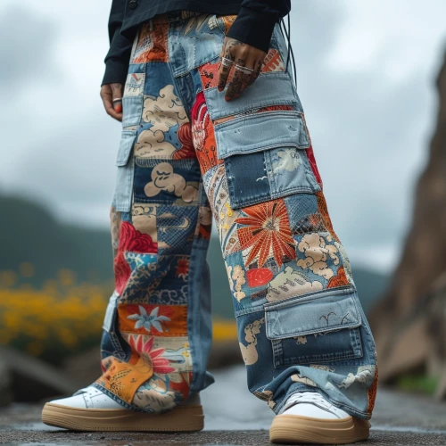 Person wearing colorful patchwork pants by Midjourney