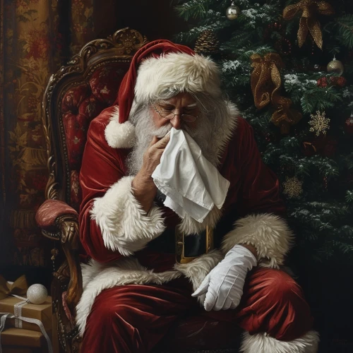 Man in a santa garment blowing his nose by Midjourney