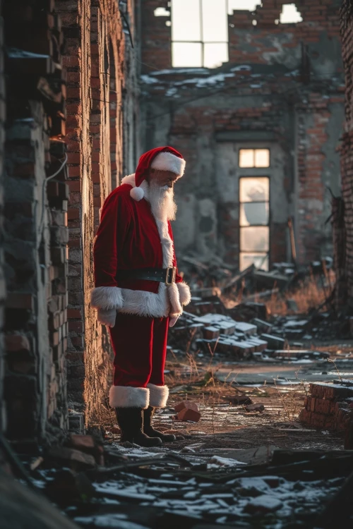Santa Claus standing in a ruined building by Midjourney