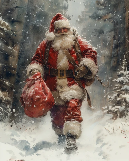 Painting of Santa Claus carrying a bag of gifts by Midjourney