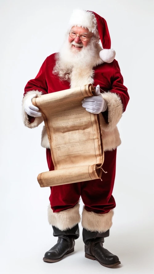 Man in a santa claus garment holding a scroll by Midjourney