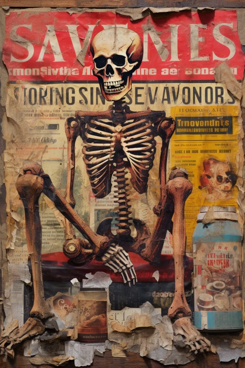 Poster of a skeleton sitting on a chair by Midjourney
