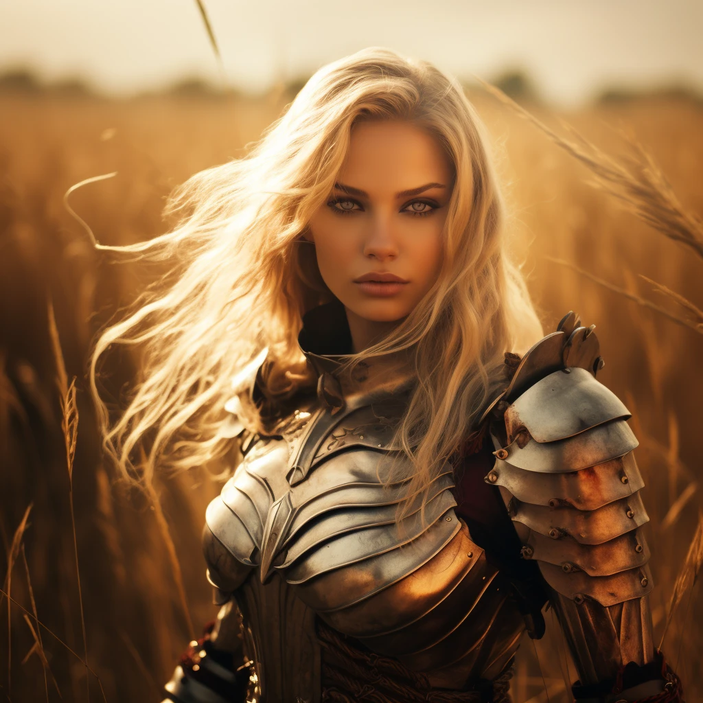 Woman in armor in a field of grass – Midjourney Prompt