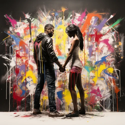 Man and woman holding hands in front of a colorful wall by Midjourney