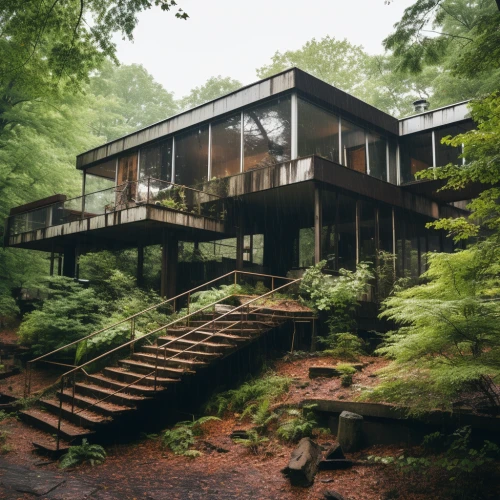 Building with a staircase in the woods by Midjourney