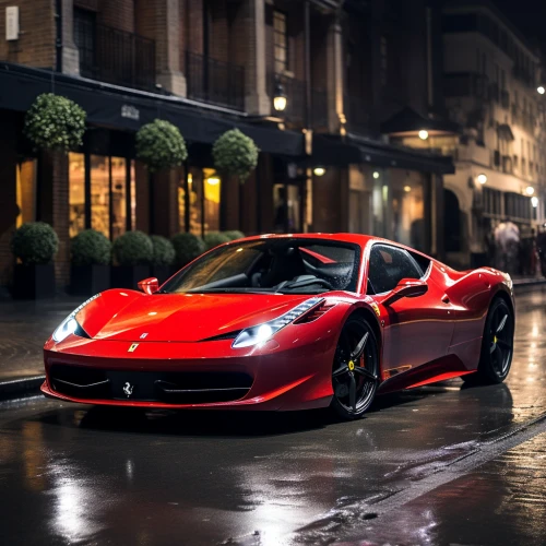 Red sports car parked on a wet street by Midjourney