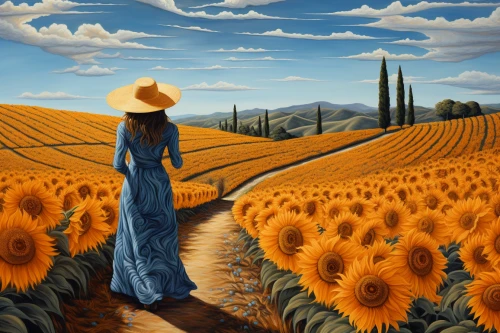Woman in a blue dress in a field of sunflowers by Midjourney