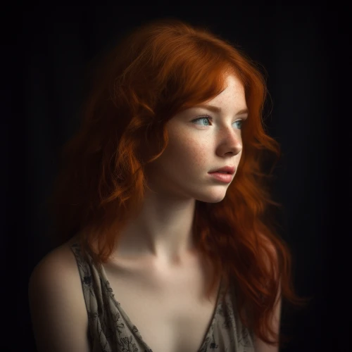 Girl with red hair looking away by Midjourney