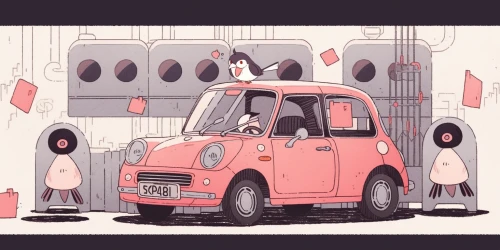 Cartoon of a pink car with a bird by Midjourney