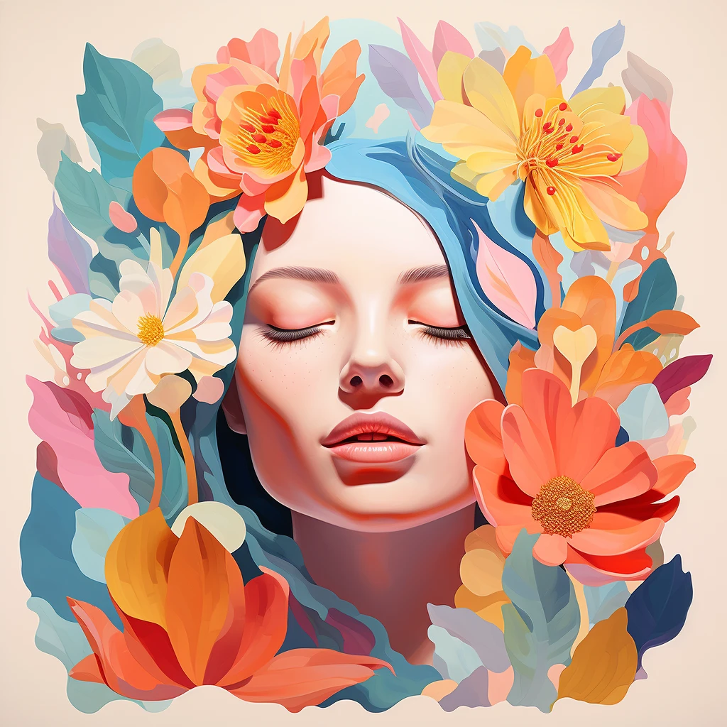 Woman with flowers around her head – Midjourney Prompt