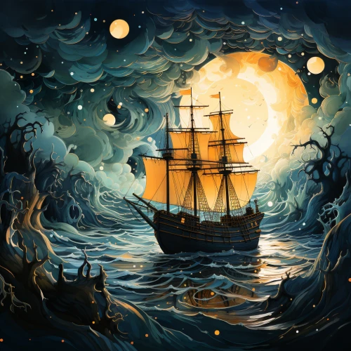 Ship in the night ocean by Midjourney