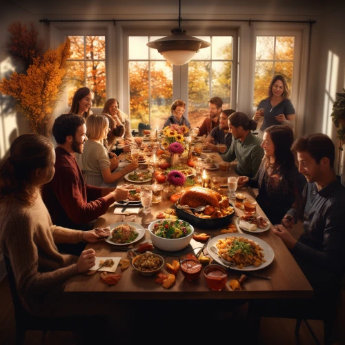 Thanksgiving family around a table by Midjourney