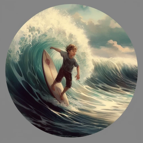 Boy surfing in the ocean by Midjourney