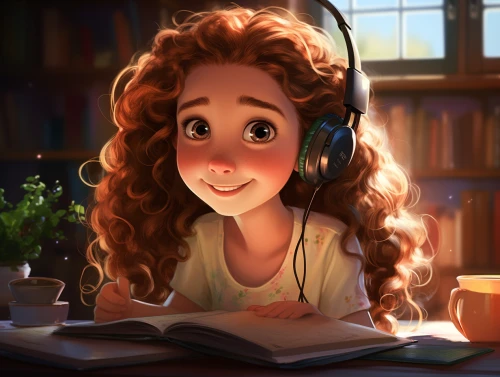 Girl wearing headphones and reading a book by Midjourney