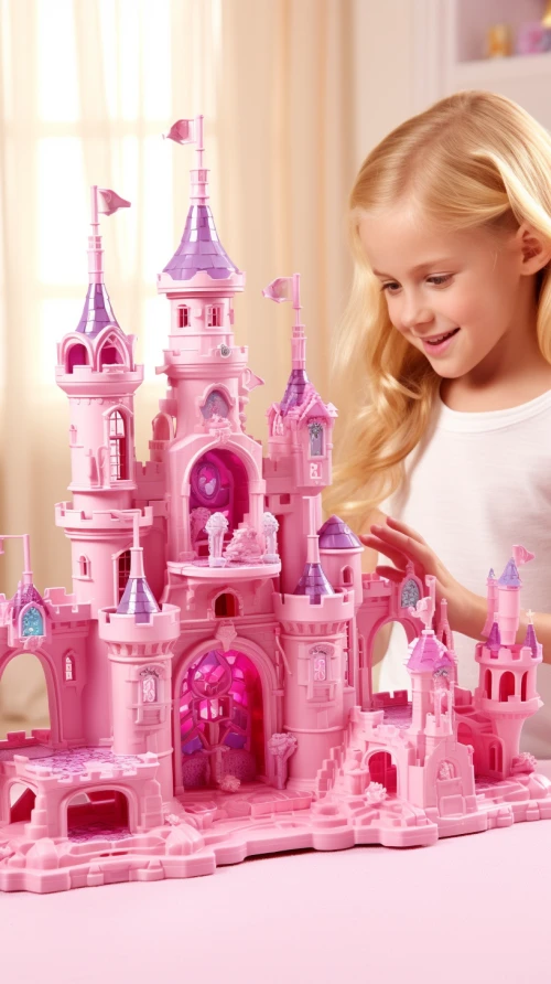 Girl playing with a pink castle by Midjourney
